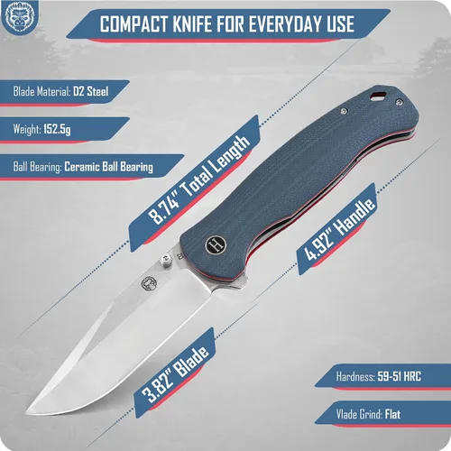 Miniatura 4 de Holtzman's Gorilla Survival Wrangler - Cuchillo plegable con mango G10 y hoja de acero D2, juego de caja de regalo (gris + rojo) - Ideal