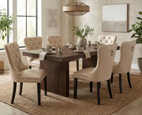 Miniatura 13 de CIMOTA Juego de 2 sillas de comedor de cuero beige, modernas de mediados de siglo, sillas de comedor tapizadas para cocina, comedor, cómodas sillas