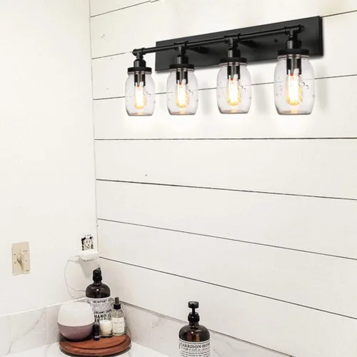 Miniatura 6 de Lámparas de tocador de baño, apliques de pared industriales negros vintage con persianas de cristal Mason Jar (4 luces)