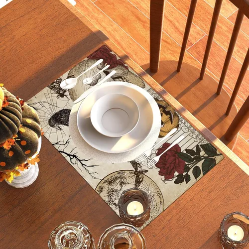 Miniatura 3 de Manteles individuales retro de Halloween, diseño de calavera gótica, Día de los Muertos, decoración y suministros de Halloween para la mesa