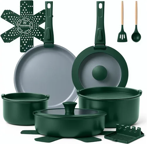 Miniatura 12 de Ammeloo Juego de 18 Piezas de Ollas y Sartenes Antiadherentes, Juego de Utensilios de Cocina de Cerámica de Inducción con Mango Desmontable, Juego