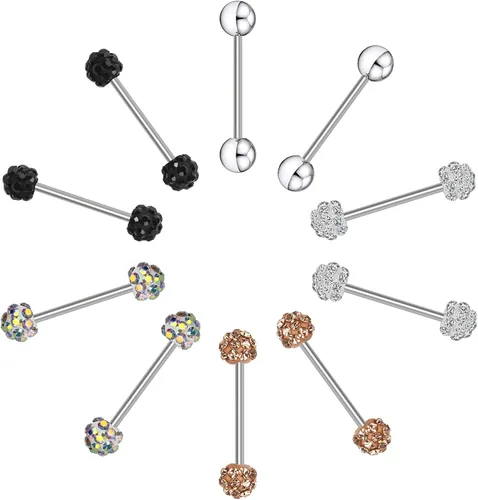 Miniatura 5 de CrazyPiercing 10 anillos de lengua CZ 16G con barra de acero inoxidable recta 0551in de longitud
