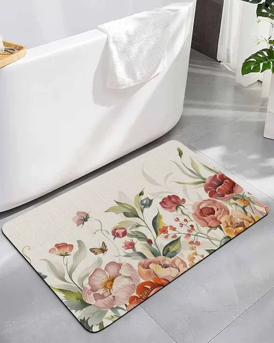 Tapete de baño con flores retro para bañera, antideslizante, de secado rápido y absorbente, tierra de diatomeas, fregadero de cocina, ducha,