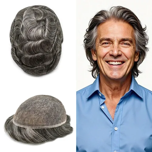 Miniatura 110 de PUNRU HAIR Completo Swiss Lace Toupee para hombres Sistema de cabello humano real Sistema de reemplazo de cabello humano para hombre Toupee