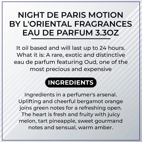 Miniatura 7 de Night De Paris Motion by L'Oriental Fragrances Eau De Parfum 3.3 oz (NIGPFZ006)