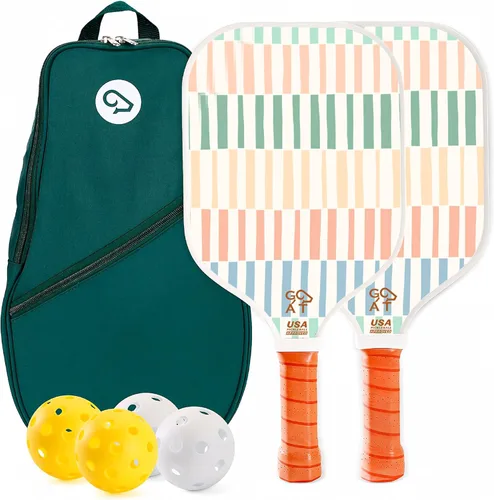 Miniatura 14 de Juego de 2 palas de pickleball Goat, incluye 4 bolas para interiores y exteriores y bolsa de viaje, juego de raquetas de pickleball de fibra de Verde