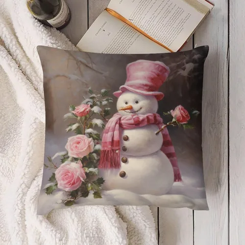 Miniatura 4 de Funda de cojín de muñeco de nieve con rosas rosadas, bufanda y sombrero, funda de almohada para cama, decoración moderna para sofá, dormitorio, sala