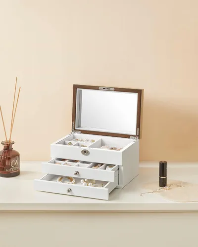 Miniatura 8 de SONGMICS UJOW15WN - Joyero organizador de joyas de 3 niveles con bloqueo y espejo grande 2 cajones idea de regalo para anillos aretes pulseras