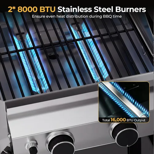 Miniatura 3 de Electactic Parrilla de gas propano de 2 quemadores, parrilla de barbacoa de acero inoxidable de 16,000 BTU con mesas laterales plegables, diseño