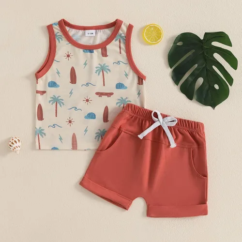 Miniatura 65 de Ropa de bebé niño sin mangas + pantalones cortos con estampado a rayas con bolsillos, 2 piezas de trajes de verano