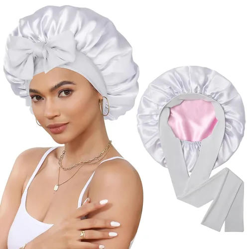 Miniatura 18 de Gorro de satén de seda para dormir, gorro de seda de doble capa con banda elástica para cabello rizado Negro+marrón