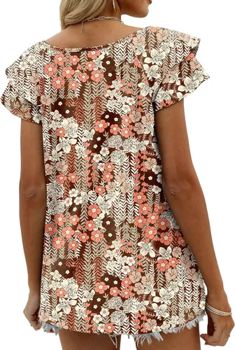 Miniatura 5 de OFEEFAN - Camisetas de verano para mujer, blusa informal de manga corta con volantes, cuello en V, ajuste holgado