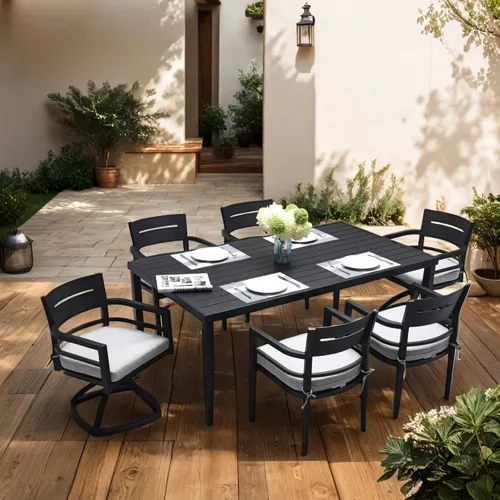 LUMISOL Juego de mesa de comedor para exteriores de 7 piezas, juego de muebles de aluminio para patio con 4 sillas de comedor y 2 sillas giratorias