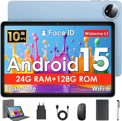Tablet Android de 10 pulgadas, tableta Android 15 con teclado, 24 GB de RAM+128 GB de ROM, 1 TB Expand, Octa-Core 6000mAh 1280x800 IPS HD, WiFi 5G,