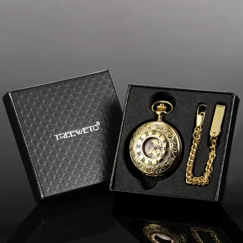 Miniatura 7 de TREEWETO Reloj de bolsillo para hombre antiguo, diseño de esqueleto mecánico, plateado, doble caja, números romanos de regalo para hombre