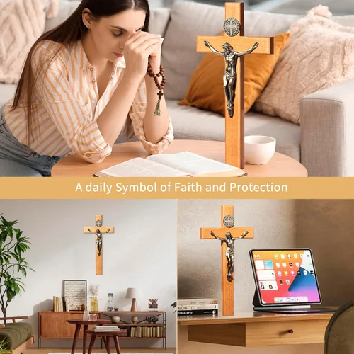 Miniatura 6 de ACHIBANG Crucifijo católico de madera de 10 pulgadas con medalla de Jesús y San Benito, decoración religiosa de madera natural para sala de oración