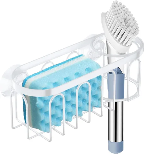 Miniatura 8 de Soporte de esponja 2 en 1 para fregadero de cocina, organizador de fregadero de cocina con 3 ventosas, soporte de esponja para fregadero a prueba