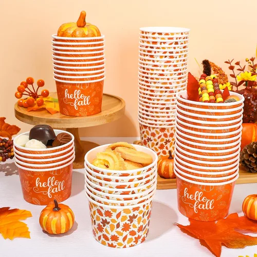 Miniatura 4 de Whaline 60 tazas de papel desechables con diseño de hojas de arce, cuencos de papel desechables de 9 onzas con hojas de otoño, tazas de papel