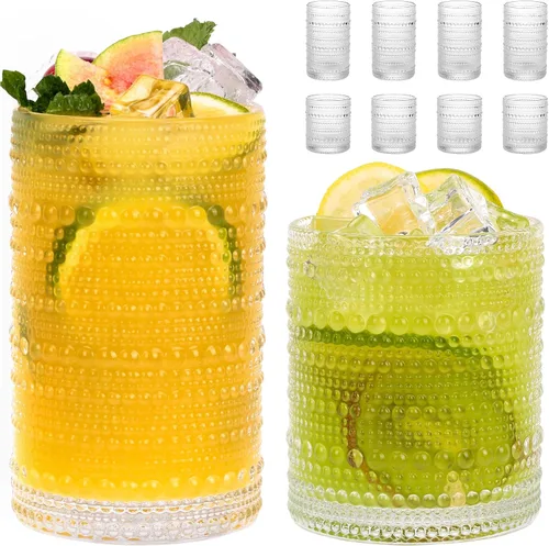 Miniatura 16 de Moretoes - Juego de vasos de beber Hobnail de 12, 12 onzas vasos altos y 10 onzas vasos de cóctel, vasos de vidrio con relieve estilo boho