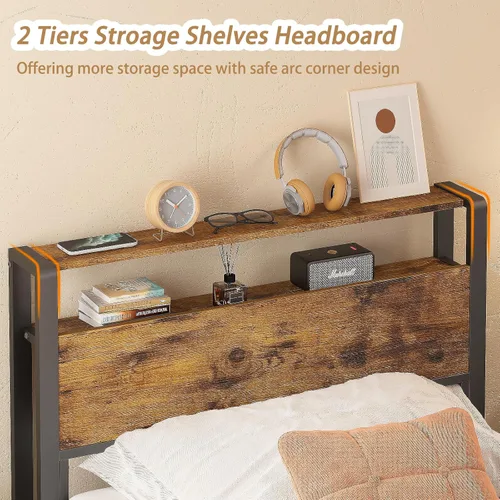 Miniatura 5 de Weehom Marco de cama individual para niños, cama de tamaño individual con estantes de madera de 2 niveles, cabecero debajo de la cama, espacio