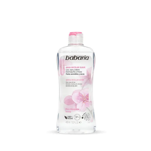 Babaria Desmaquillante Rosa Mosqueta Limpia y Suaviza Agua, Cara, Ojos y Labios, Piel Sensible, 100% Vegano, Desmaquillante Rosa Mosqueta (Paquete