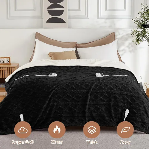 Miniatura 2 de CAROMIO Manta eléctrica tamaño Queen con doble control, manta térmica gruesa de sherpa con 10 niveles de calefacción y 10 ajustes de tiempo, manta