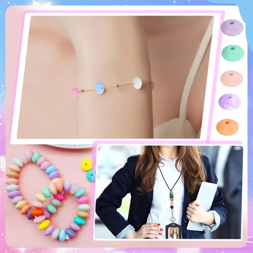 Miniatura 6 de 100 cuentas de lentejas de silicona de 0.47 pulgadas (0.472 in) de goma de ábaco espaciador suelto con cordón de 16.4 ft para pulseras, collares