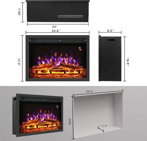 Miniatura 2 de Insertos de chimenea eléctrica de 23 pulgadas, calentador de chimenea eléctrico de pared empotrado y empotrado, llama ajustable y brillo de lecho
