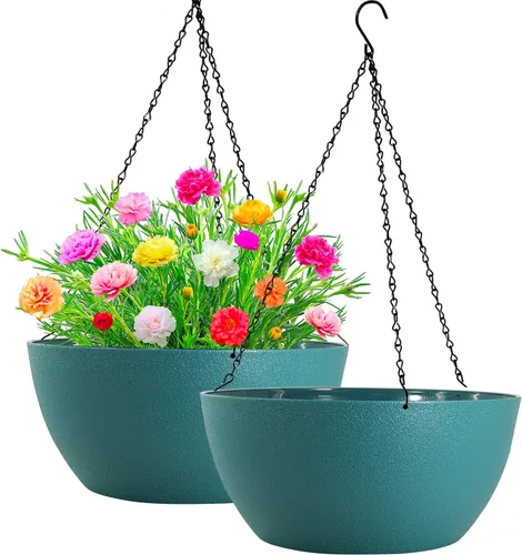 Miniatura 11 de WOUSIWER Paquete de 2 macetas colgantes grandes de 13 pulgadas para plantas de interior y exterior con agujeros de drenaje y cadena, macetas