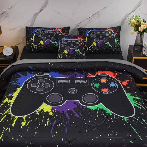 Miniatura 3 de Juego de edredón de 6 piezas para niños y adolescentes, niños y niñas, cama temática de videojuegos con grafitis de colores en una bolsa
