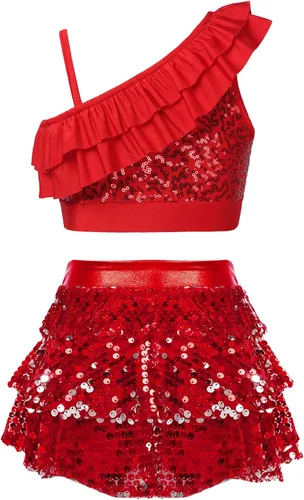 Miniatura 82 de JEATHA Top corto con borlas y lentejuelas brillantes para niñas, con minifalda, jazz latino, salsa, samba, rumba, baile