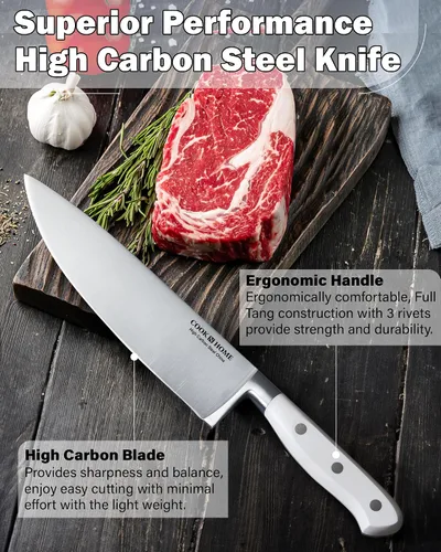 Miniatura 5 de Cook N Home Basics - Juego de cubiertos de bambú con cuchillos, hoja de acero inoxidable de alto carbono, 15 piezas, color blanco