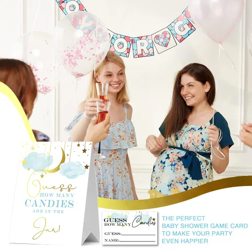 Miniatura 4 de Guess How Many Candies Baby Shower Games, paquete de 1 logotipo y 50 tarjetas, estrella y luna dorada, nube azul, letreros de baby shower, juego