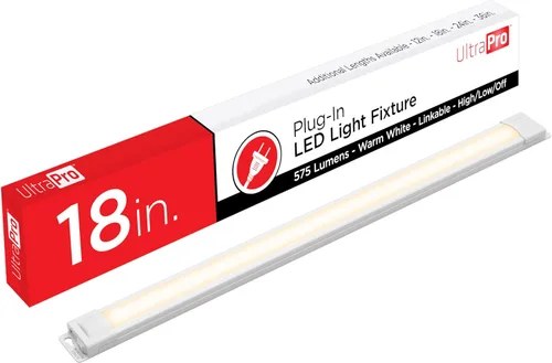 UltraPro Luces LED Enlazables de 18 pulgadas con Enchufe para Debajo del Gabinete, Alto/Bajo/Apagado, Luz Blanca Cálida (2700K), Iluminación LED