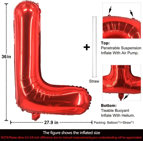 Miniatura 2 de Lovoir Globos grandes de 40 pulgadas con la letra L roja de gran tamaño, globo de helio de aluminio de Mylar para fiesta de cumpleaños, decoración