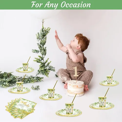 Miniatura 7 de 121 piezas de decoración temática de safari en la selva para baby shower, suministros de fiesta de cumpleaños para niños y niñas, mantel, platos