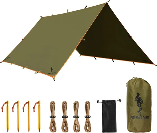 Miniatura 11 de FREE SOLDIER Lona impermeable portátil multifuncional para exteriores, camping, viajes; toldo de mochilero, refugio contra la lluvia Verde oscuro