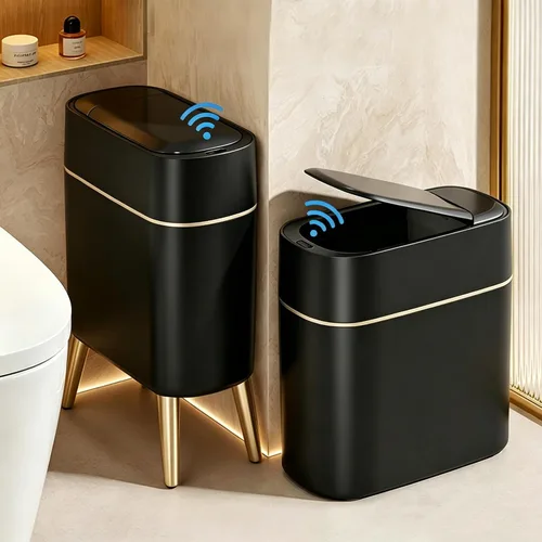 LALASTAR Basurero automático de baño con tapa, sensor de movimiento para inodoro, cesta de basura inteligente delgada para cocina, sala de estar,
