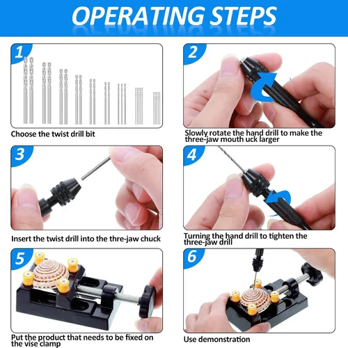 Miniatura 6 de Mudder Juego de 37 piezas de herramientas de taladro manual giratorio, broca de portabrocas de precisión en miniatura, tornillo de banco