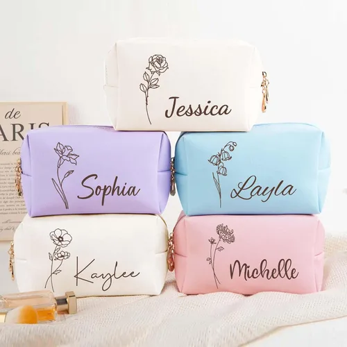 Miniatura 2 de Bolsa de maquillaje personalizada con nombre y flor de nacimiento, bolsas de cosméticos de cuero personalizadas para mujeres, bolsa de aseo de viaje