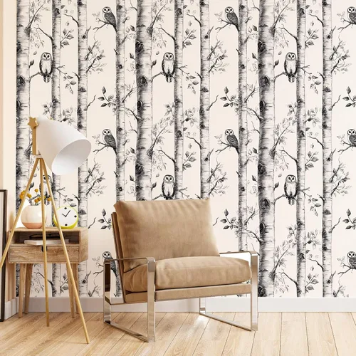 Miniatura 2 de Papel tapiz de abedul para despegar y pegar, papel tapiz de búho, vinilo autoadhesivo en blanco y negro, para decoración del hogar, 17.7 x 118