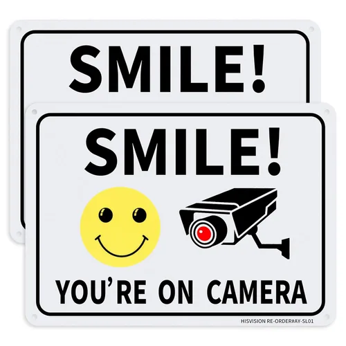 Paquete de 2 carteles de videovigilancia con texto en inglés "Smile You're on Camer", de 10 x 7 pulgadas, de aluminio libre de óxido, resistente a