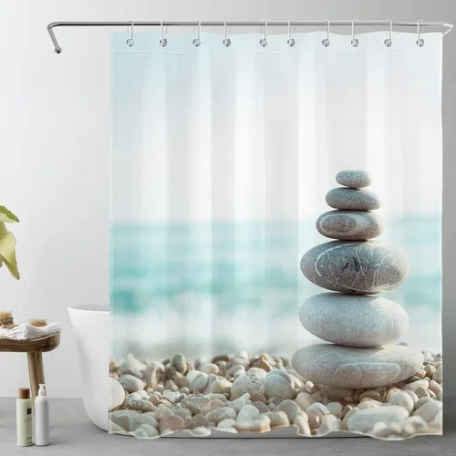 Miniatura 9 de LB Cortina de ducha asiática de piedra zen, cortina de ducha japonesa para baño, cortinas de baño de tela negra de 48 x 72 pulgadas con ganchos