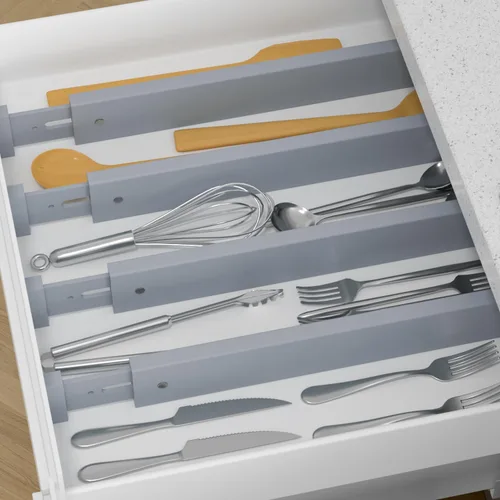 Miniatura 2 de Divisor de bambú para cajones de cocina, paquete de 4, organizador de cajones de utensilios ajustable de 17-22 pulgadas para tocador, baño, Gris