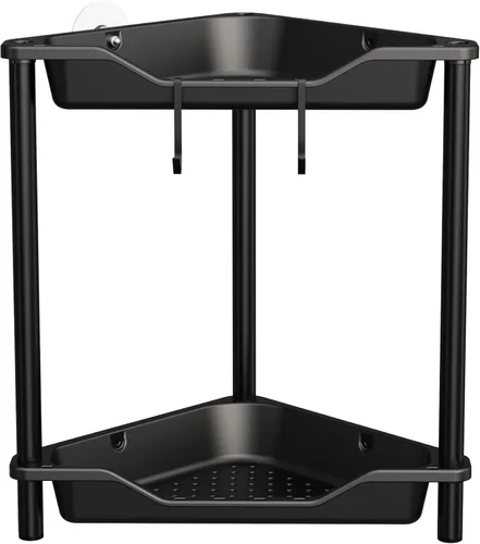 Orimade Organizador de ducha esquinero de 2 niveles resistente a la oxidación, estante de esquina de piso de metal y plástico para baño, negro