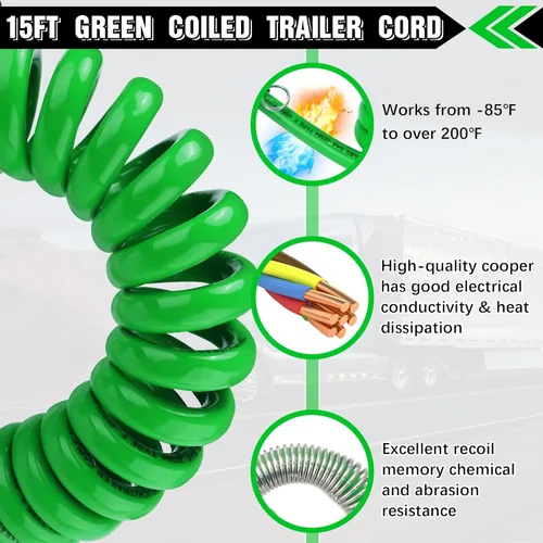 Miniatura 4 de Cable de Alimentación Eléctrica ABS de 7 Vías 12 Pies Verde Enrollado en Espiral Coleta Cables de Alimentación Enrollados Cable Resistente Cable