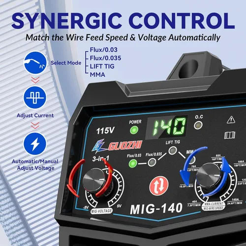Miniatura 6 de GZ GUOZHI Soldador MIG 140A, 3 en 1 Soldador FLUX MIG/ARC/Lift TIG Soldador Mig Multiproceso, Soldador sin gas con inversor IGBT de 110V, soldadora