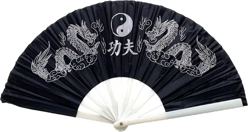 Miniatura 3 de Paquete de 2 abanicos de mano plegables grandes con dragones chinos para decoración del hogar, raves, festivales, conciertos, espectáculos - 13 Negro