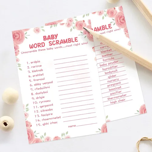 Miniatura 5 de OLOUTAB 50 Juegos de Baby Shower para Niña - Juego de Palabras con Tema Floral, Cartulina Gruesa, Divertido y Fácil de Jugar (Con Respuesta)