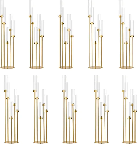 Miniatura 13 de Candelabro de 5 brazos con pantalla acrílica, juego de 4 candelabros dorados para mesa de boda, fiesta de cumpleaños, decoración del hogar, 39.4